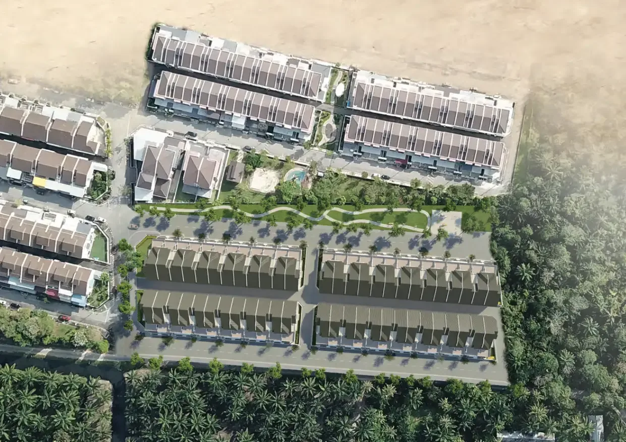 Frieden aerial view showing the 52-unit scheme and surrounding neighbourhood