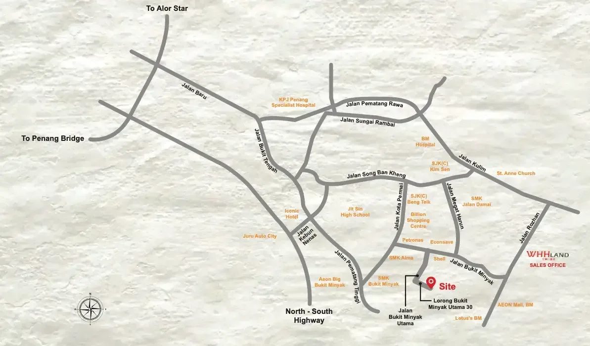 Frieden location map showing AEON Mall BM, Lotus's, schools and the North-South Highway