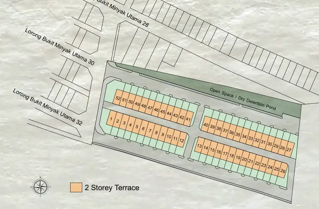 Frieden site plan with all 52 terrace lots numbered